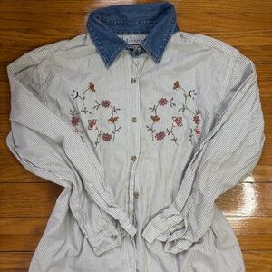 Basic Editions Blue and White Striped Shirt with Floral Embroidery